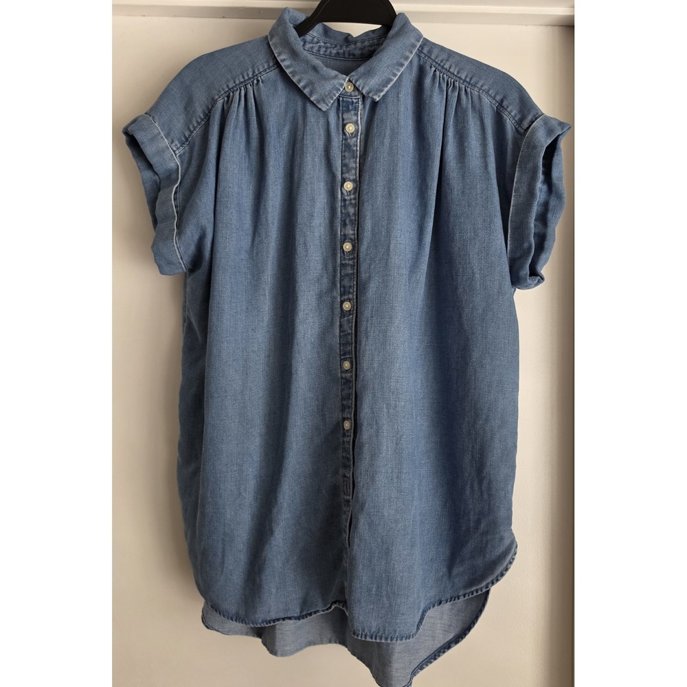 LOFT Blouse Women M Blue Sleeveless Linen Lyocell Solid Top Shirt Tunic